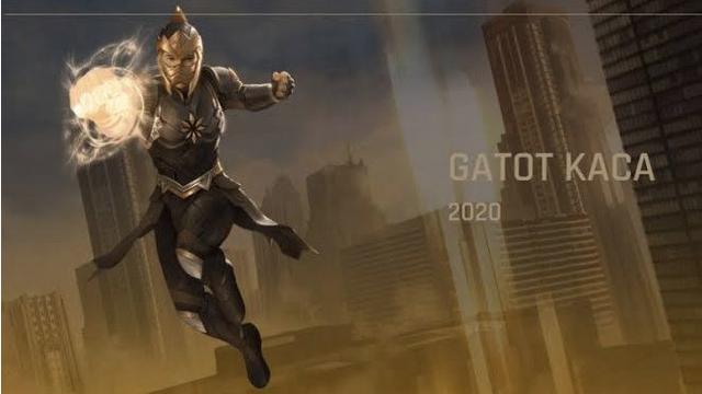 Gatotkaca sedang terbang dengan posisi seperti menonjok dan ada efek di bagian tangannya